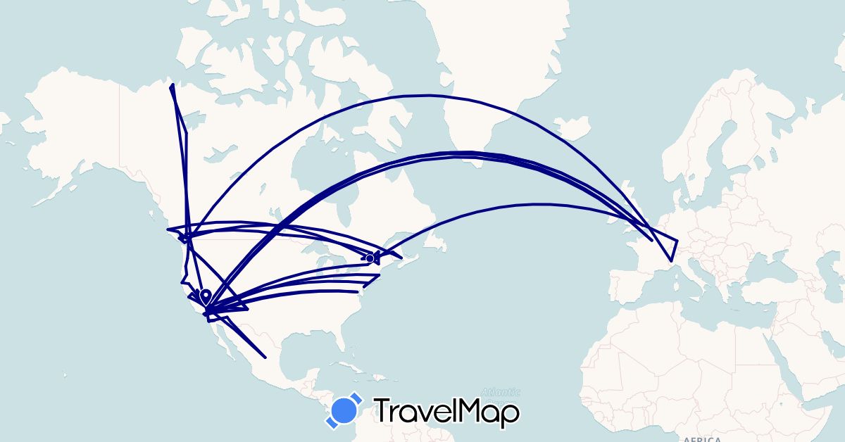 TravelMap itinerary: driving in Canada, Switzerland, Germany, France, United Kingdom, Italy, Luxembourg, Mexico, United States (Europe, North America)